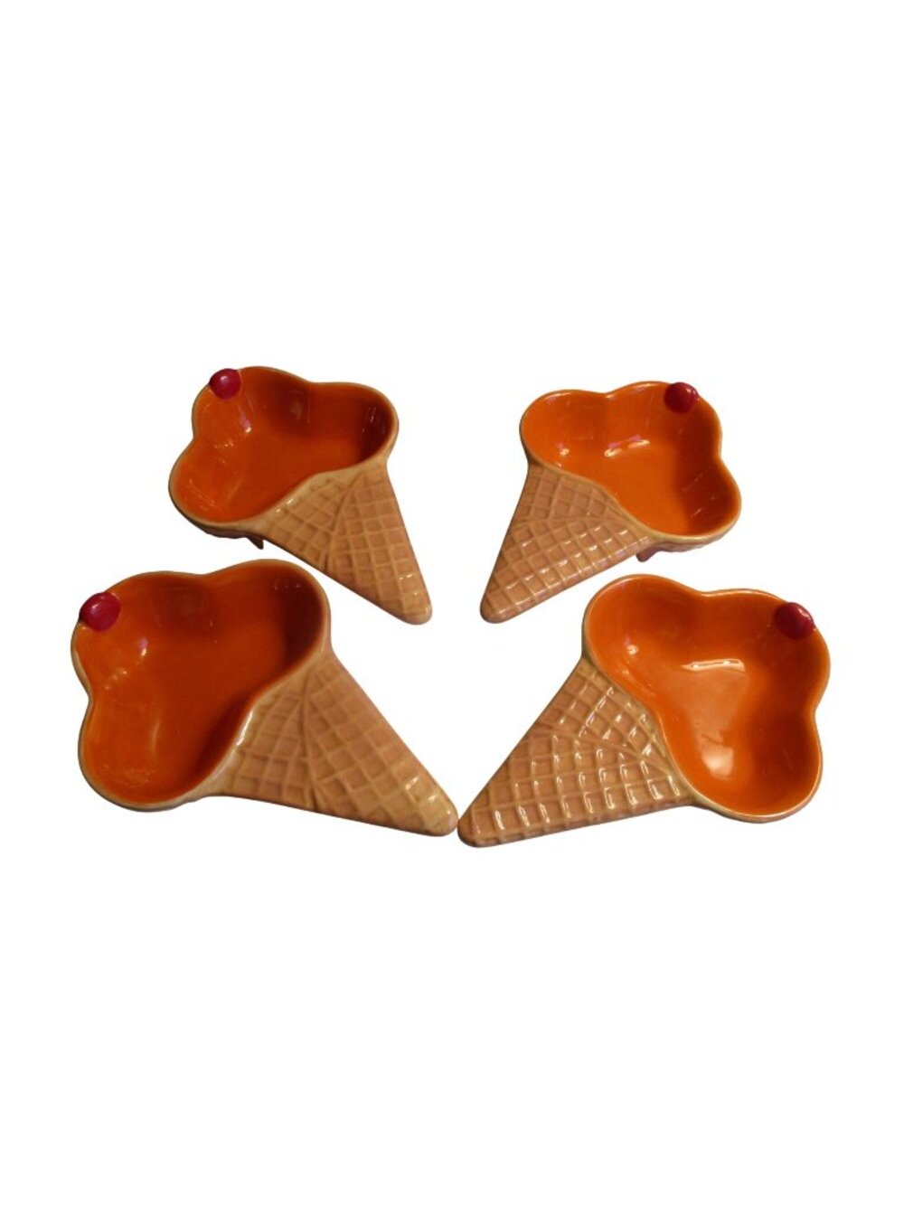 Ceramic Ice Cream Cone-Shaped Bowls - Orange Interior with Cherry Accent